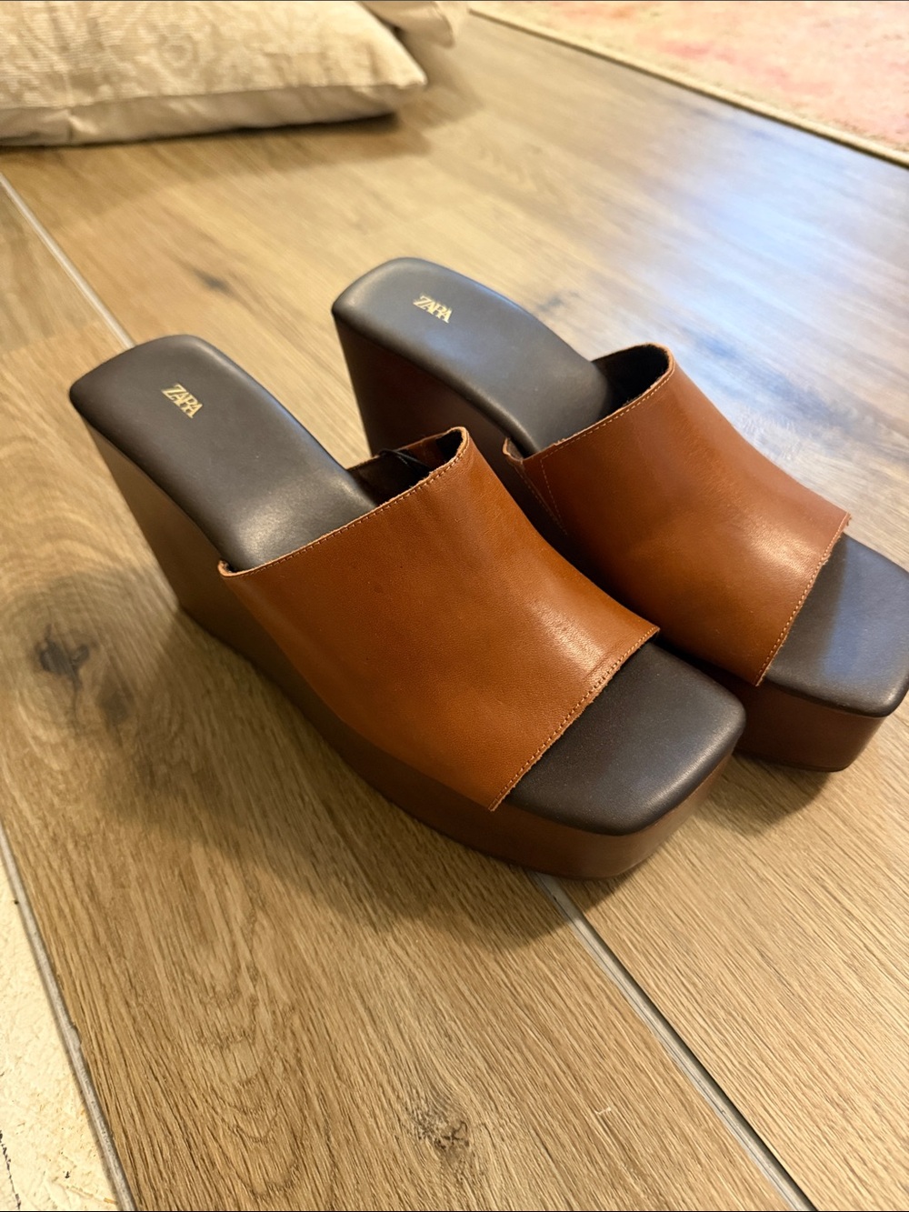 Zara Tan Leather Platform Wedge Slide Sandals